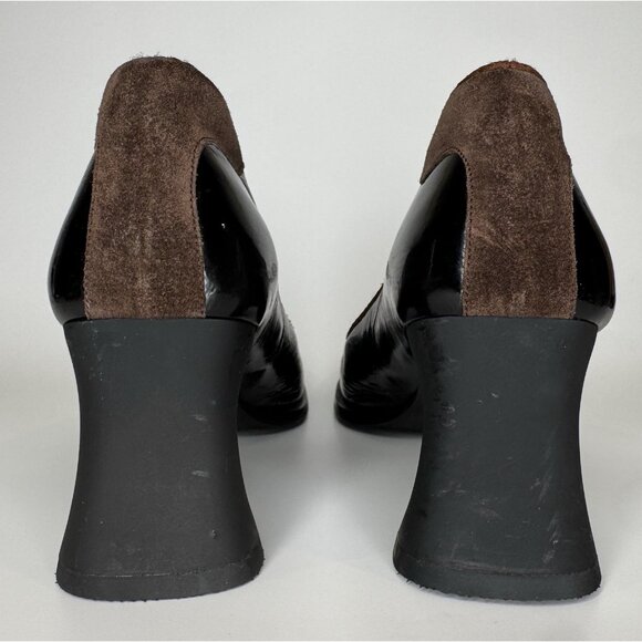 Miu Miu 90s Shoes 37 Real 38,5 Black Patent Leather Brown Square Toe Block Heel - Picture 6 of 9